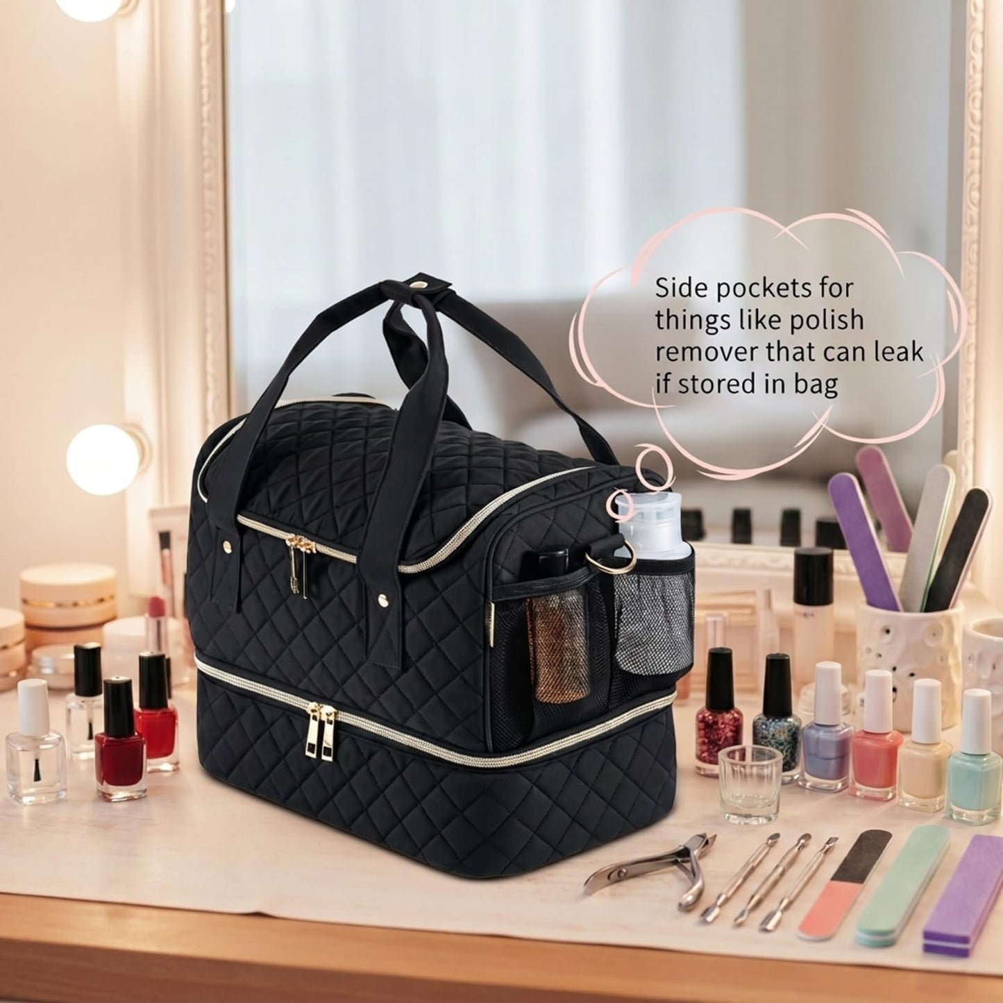 GR69N Nail Polish Organizer Case,Nail Storage Organizer Holds Nail Lamp & 50 Bottles Nail Polish,Travel Nail Tech Case,Nail Kit Organizer Bag Fits Nail Supplies & Manicure Tools,Black (Patented)