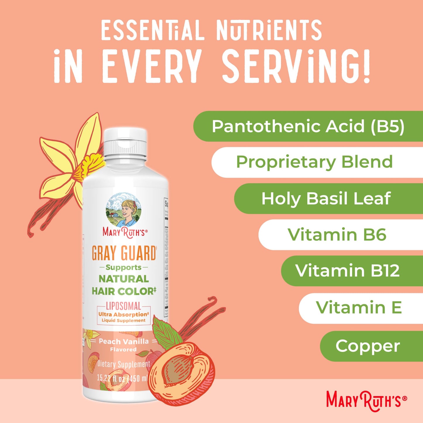 MARYRUTH'S Organics Gray Guard Liposomal, Supports Natural Hair Color, with Copper & Pantothenic Acid, Holy Basil & Traditional Herbs, Vitamin E & Vitamin B for Overall Health, Ages 18+, 15.22 Fl oz