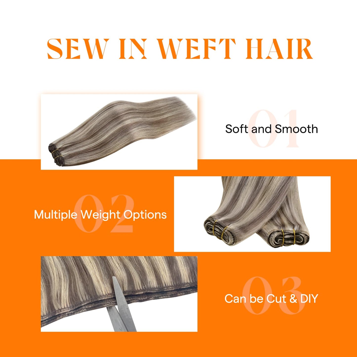 Sunny Hair Sew in Hair Extensions Real Human Hair Highlights Double-Wefted Light Brown with Platinum Blonde Short Hand-Tied Bundles All-Day Comfort 12 Inch 70G