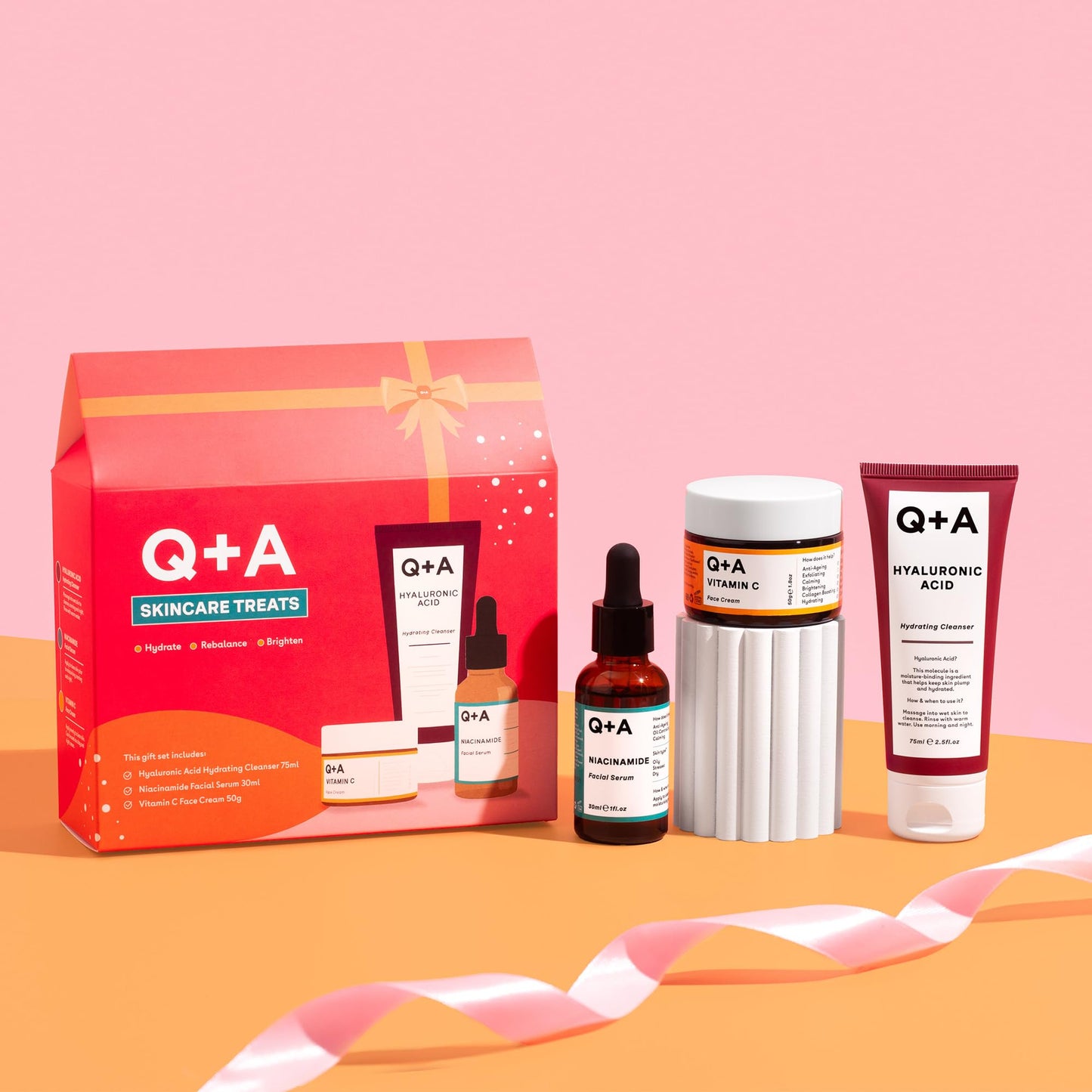 Q+A Skincare Treats Gift Set, 3-Step Routine for Healthy, Radiant Skin, Hydrating Facial Cleanser (75ml), Niacinamide Serum (30ml) & Vitamin C Face Cream (50g), Stocking Stuffers