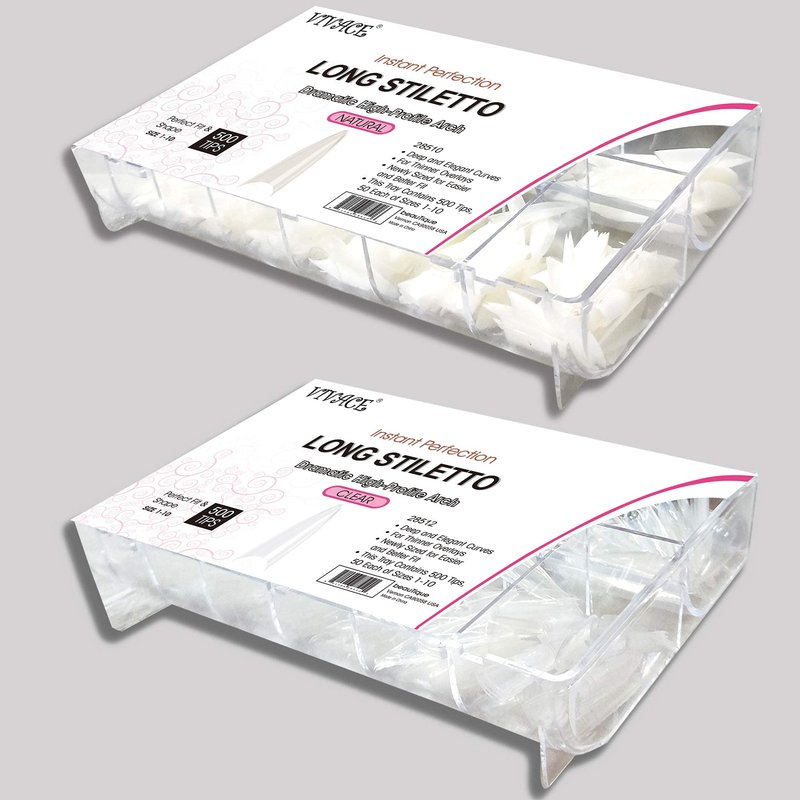 VIVACE 2PACK Natural/Clear Long Stiletto 500 Artificial Fake Gel Nail Tips (Total 1000Tips) 10Sizes For Nail Salon Nail Shop (28510/28512) (Long Stiletto)