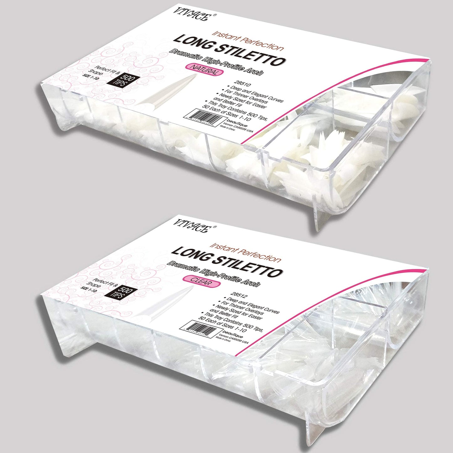 VIVACE 2PACK Natural/Clear Long Stiletto 500 Artificial Fake Gel Nail Tips (Total 1000Tips) 10Sizes For Nail Salon Nail Shop (28510/28512) (Long Stiletto)