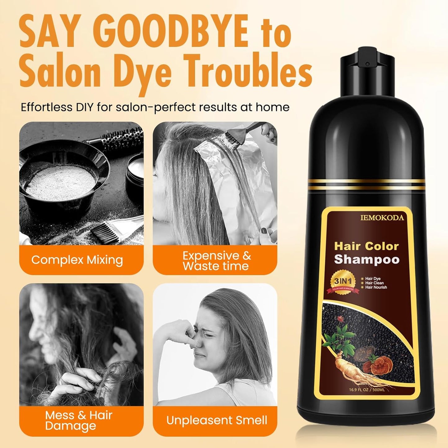 Instant Light Brown Hair Dye Shampoo - 3-in-1 Gray Coverage | Natural Color for Men & Women - 16.9 Fl Oz