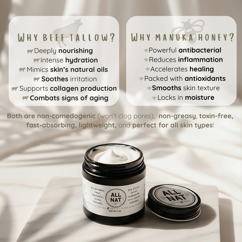 All Nat Whipped Beef Tallow & Manuka Honey Face Cream – Hydrating, Clean Beauty Moisturizer for Sensitive Skin, Natural Skincare, 3.0 oz