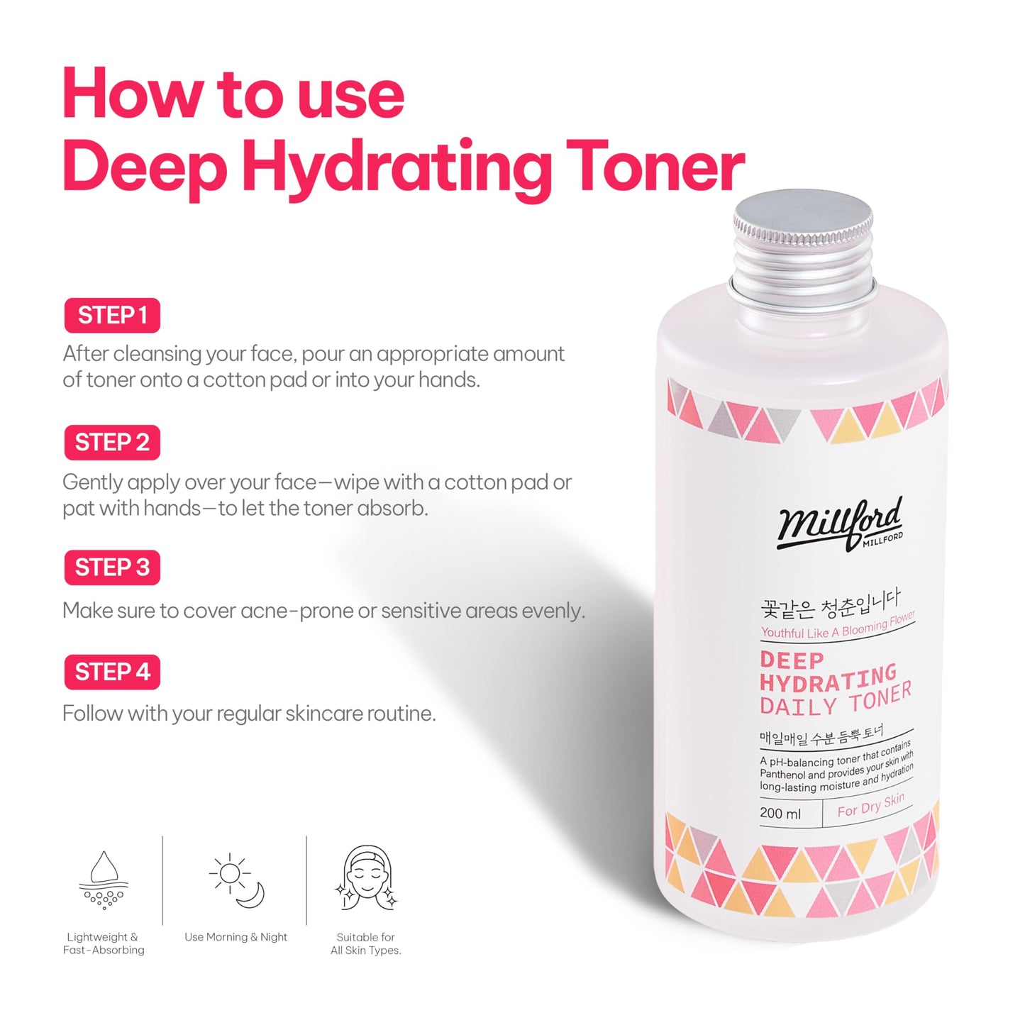 Millford Deep Hydrating Daily Toner 6.76 fl oz (200 ml) - pH-Balancing, Alcohol-Free & Fragrance-Free Toner with Panthenol (Vitamin B5) & Betaine to Strengthen Moisture Barrier, Korean Skincare