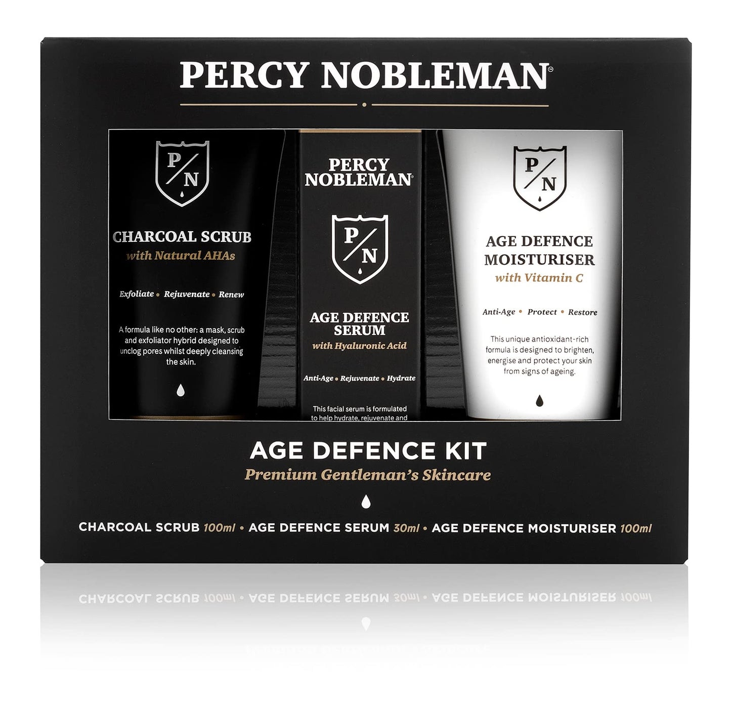Percy Nobleman Age Defence Kit – Men’s Skincare Gift Set with Charcoal Face Scrub, Hydrating Facial Serum with Hyaluronic Acid & Vitamin C Moisturiser for Cleansing, Nourishment & Healthy Skin