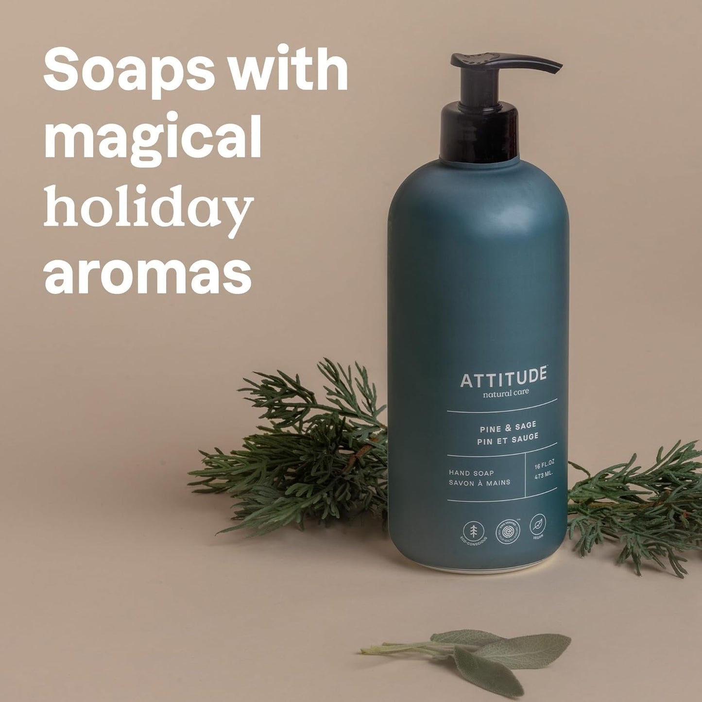 ATTITUDE Liquid Hand Soap - EWG Verified Vegan Formula | Pine & Sage, 16 Fl Oz