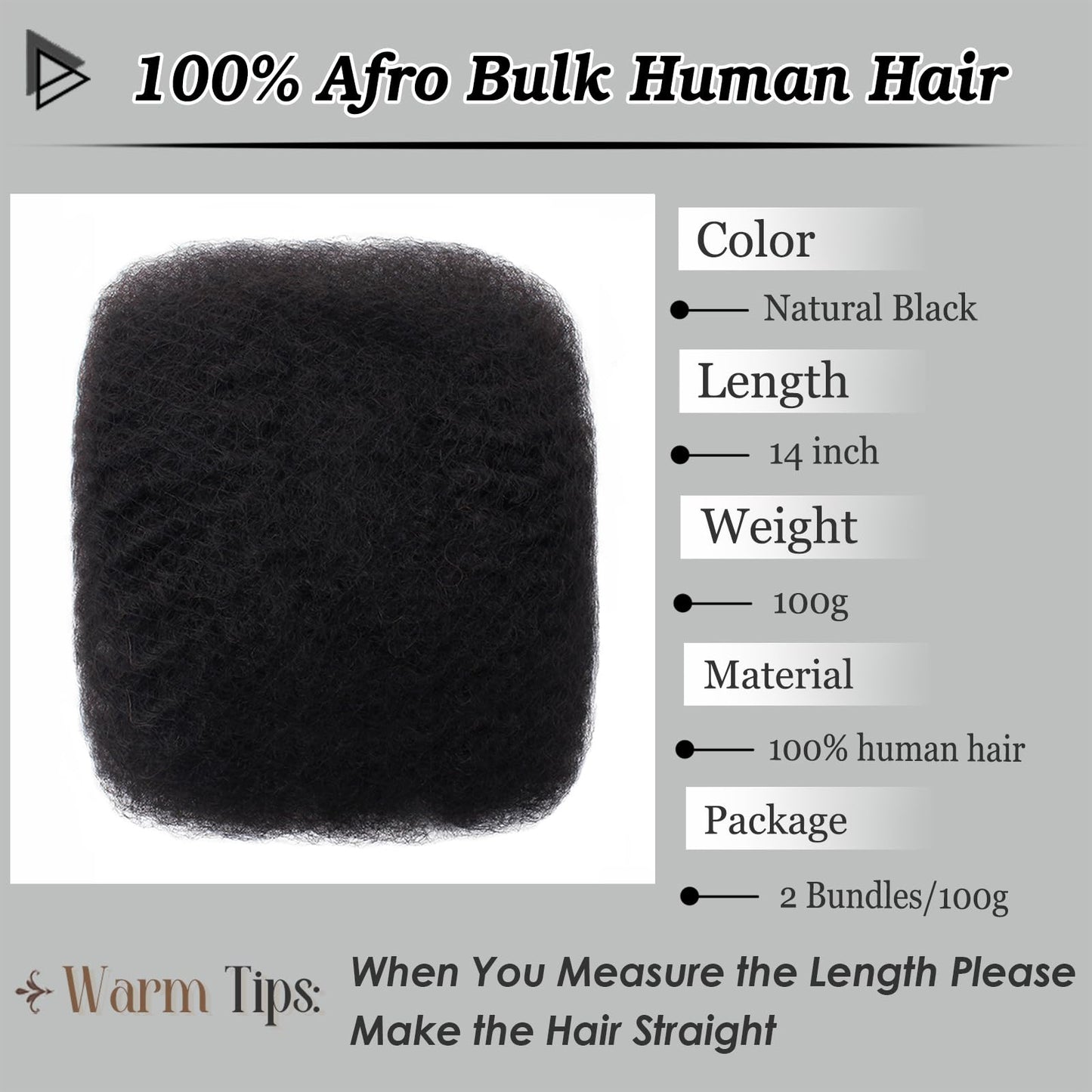 Haftaluv Afro Kinkys Bulk Human Hair 14 Inch 100g Nature Black Afro Kinky Curly Human Hair Bulk for Dreadlock Extensions, Micro Locs, Braiding Twists, Braids and Repair Locs(14 Inch, 1b#)