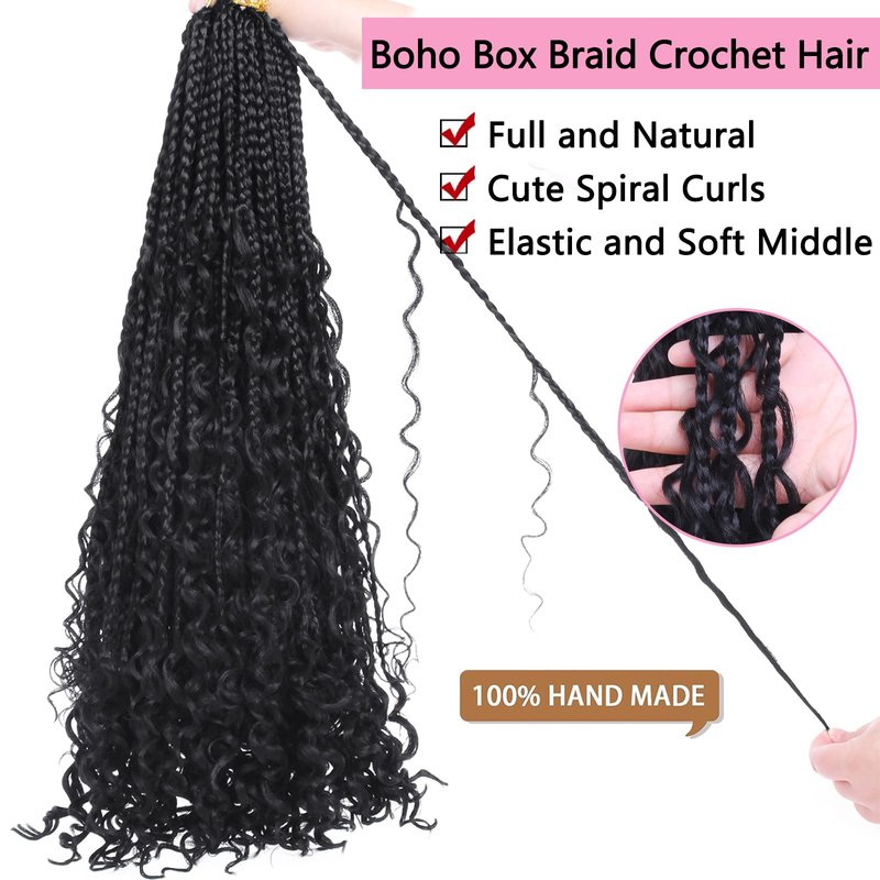 COOKOO 8 Packs 24 Inch Boho Box Braids Crochet Hair With Curly Ends Bohemian Hippie Goddess Box Braids Pre-looped Synthetic Braiding Hair Extension for Black Woman 23#