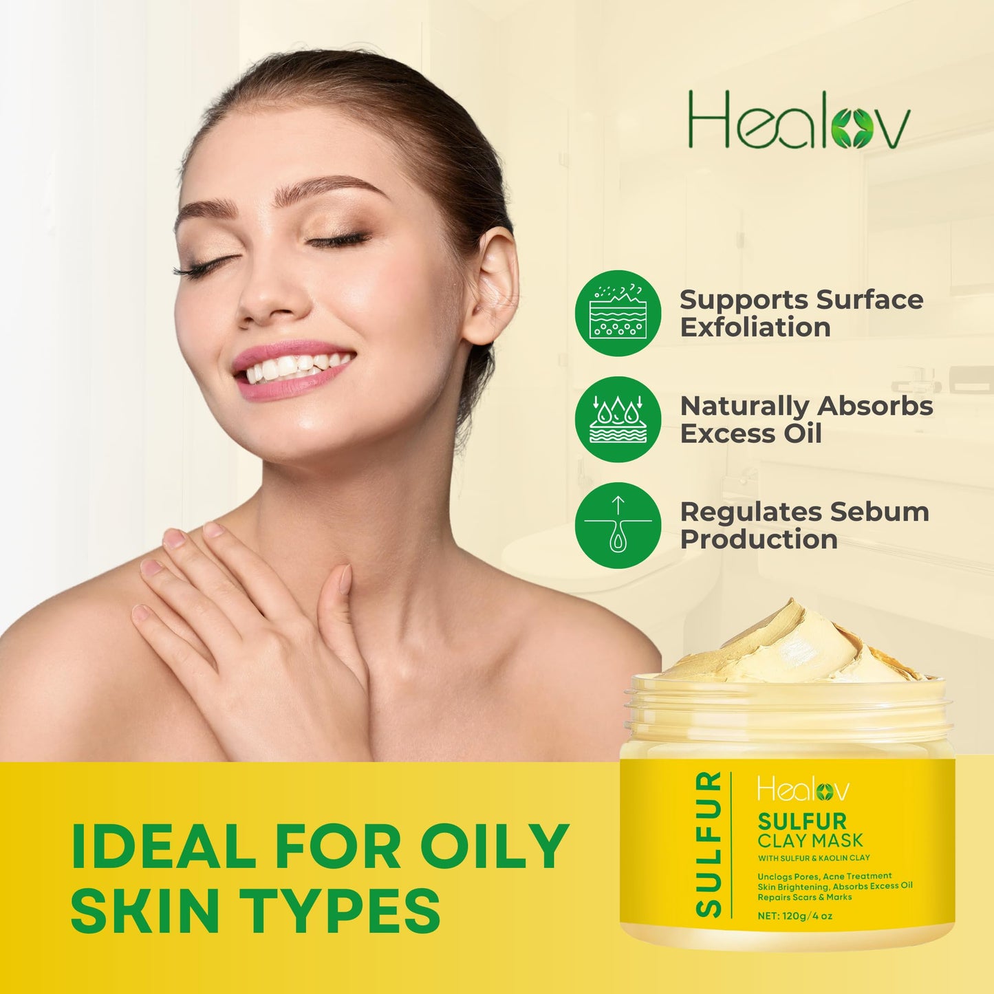 Healov Sulfur Face Mask – All Natural Sulfur Facial Clay Mask – Glowing Skincare For Acne, Spots, Oily Skin – Sulfur Acne Cream Absorbs Excess Oil and Unclogs Pores – Kaolin Mask Treatment