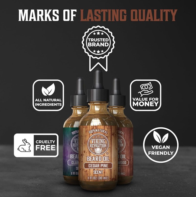 Viking Revolution Beard Oil for Men 3 Pack - Natural Mens Beard Oil Variety Set - Sandalwood, Pine and Cedar, Clary Sage Scents - Beard Conditioning and Moisturizing for a Healthy Beard (3 Pack, 1oz)