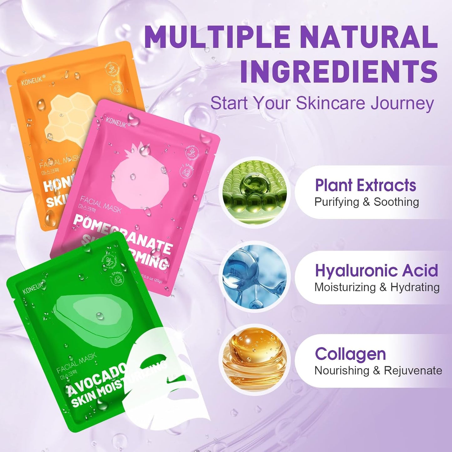 Hydrating Face Masks - 24 Pack Collagen Sheet Masks for Soothing & Moisturizing | All Skin Types, Spa Gift Set