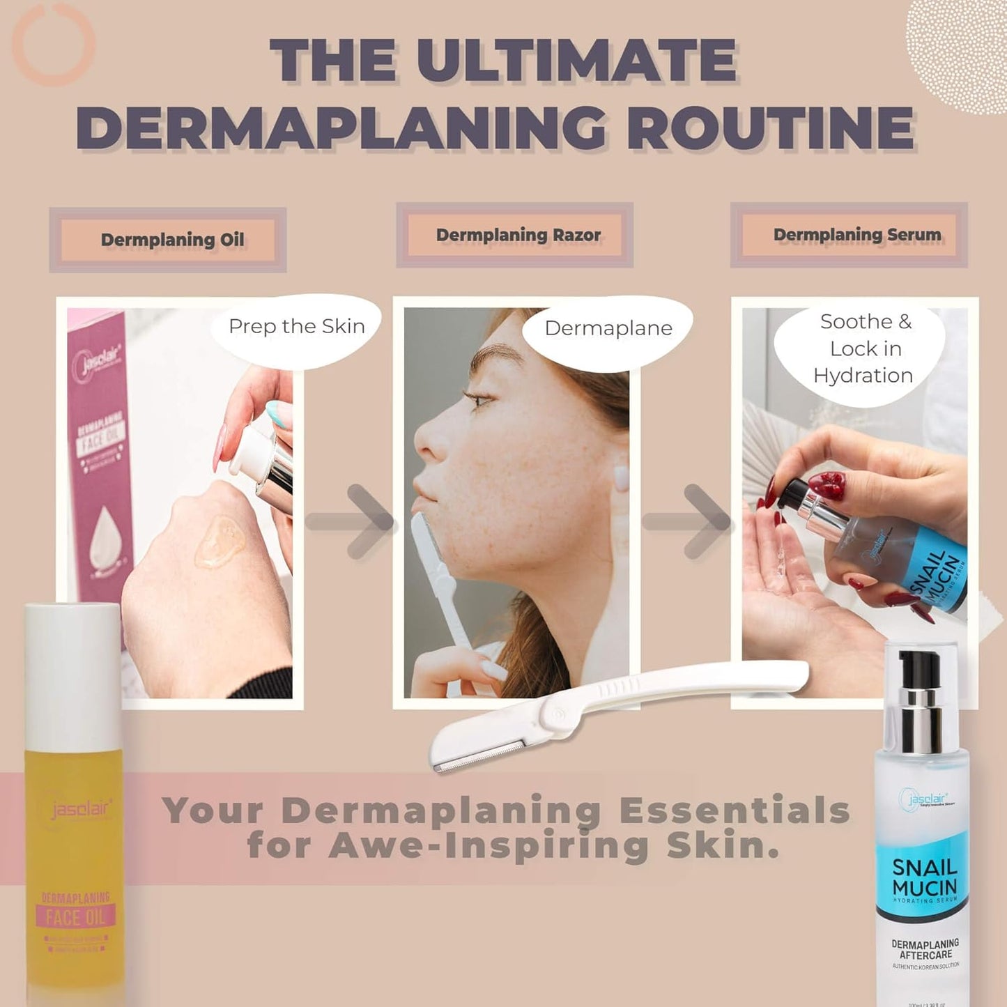 Complete Dermaplaning Skincare Kit - 9 Precision Razors, Pre-Treatment Face Oil & Snail Mucin Serum for Glowing Skin