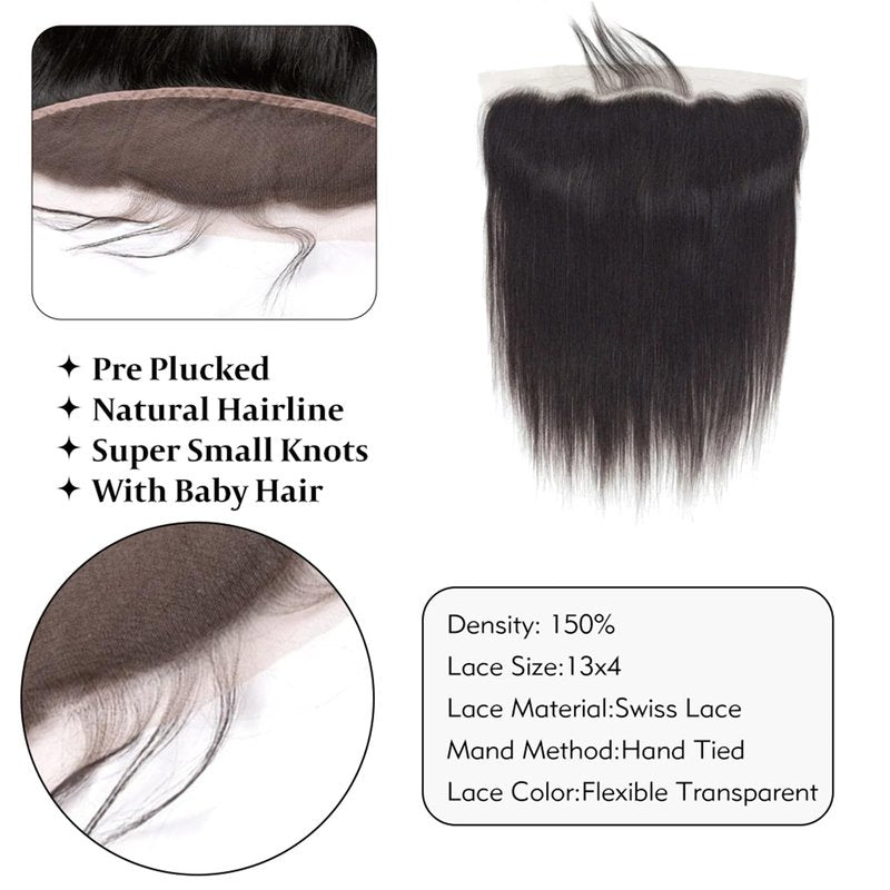 13x4 Lace Frontal Closure Straight Ear to Ear HD Lace Frontal Pre Plucked 16 Inch Brazilian Virgin Human Hair Frontals Free Part 150% Density Hair Extensions Natural Black