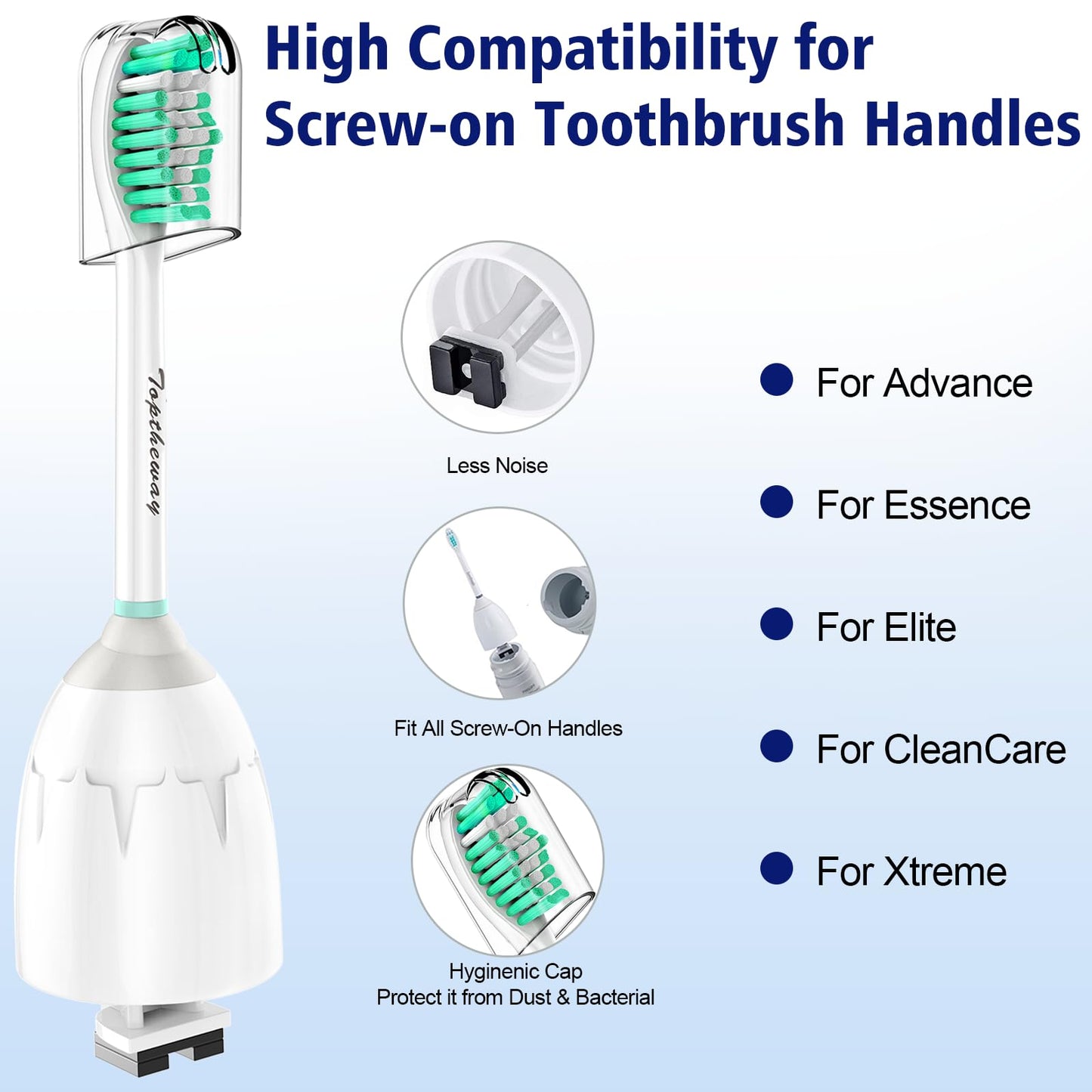 Toptheway Replacement Brush Heads Compatible with Sonicare E-Series Essence Xtreme Elite Advance and CleanCare Screw-On Toothbrush Handles 7022/66, 6 Pack