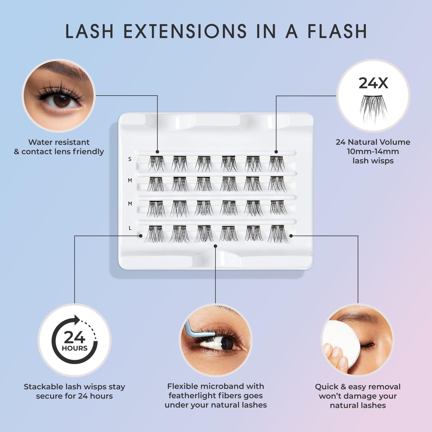 KISS Falscara DIY Eyelash Extension Lengthening Wisps - Featherlight Synthetic Reusable Artificial Eyelashes Multipack of 24 Mini Lash Clusters for that Authentic Eyelash Extension Look