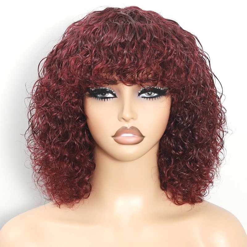 REMESSE Short Curly Bob Wig Human Hair With Bangs Short Curly Human Hair Wig For Black Women Glueless 250% Density Short Water Wave Human Hair Wig With Bangs 99J 10Inch