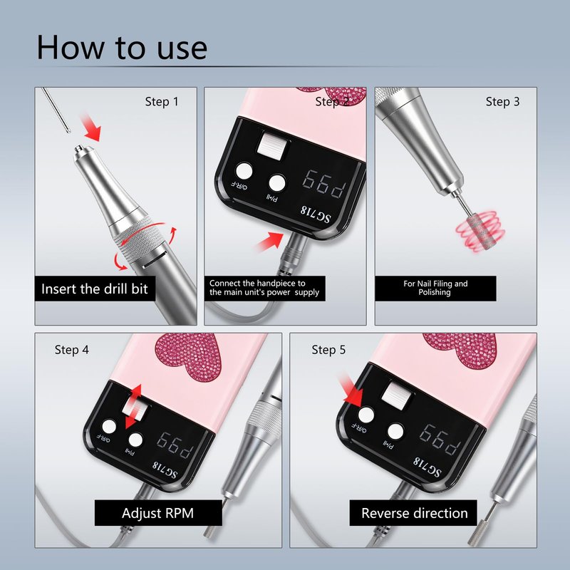 45,000 RPM Cordless Nail Drill for Acrylic & Gel Nails, Low Noise High Torque, LCD Display & 6 Bits - Rechargeable Electric Nail File Kit for Manicure Pedicure Home Use