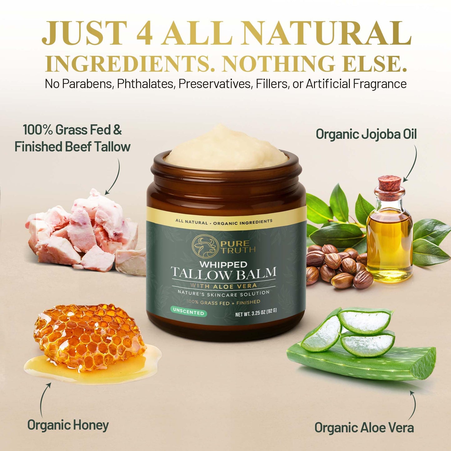 Pure Truth Whipped Tallow and Honey Balm (Unscented), Beef Tallow for Skin Care, Grass Fed + Finished Tallow Moisturizer Cream for Face & Body w/Organic Honey, Aloe Vera, Jojoba Oil, Men Women 3.25oz