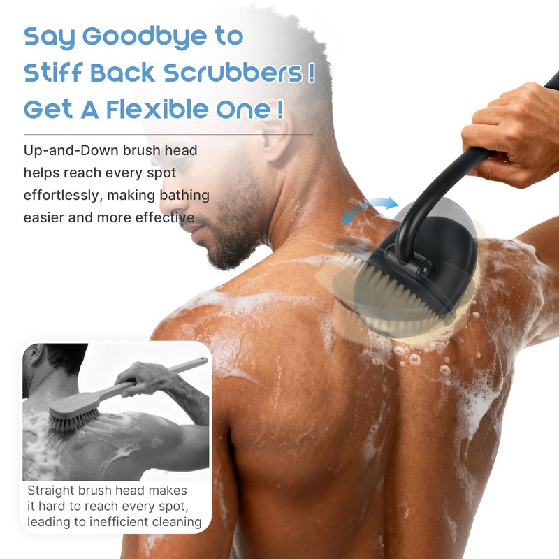 Flexible Up-Down Movement Back Scrubber for Shower for Men & Women, 3 Detachable Back Brush Heads Includes Silicone Body Scrubber, Sponge Bath Brush & Bristle Shower Brush, Wet/Dry Brush, Black