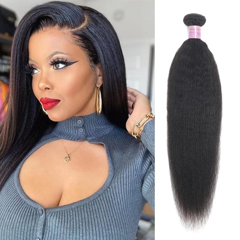 Kinky Straight Human Hair Bundles 18Inch Yaki Straight Human Hair Extensions 1 Bundles Unprocessed 100% Brazilian Virgin Kinky Straight Human Hair For Black Women Natural Black