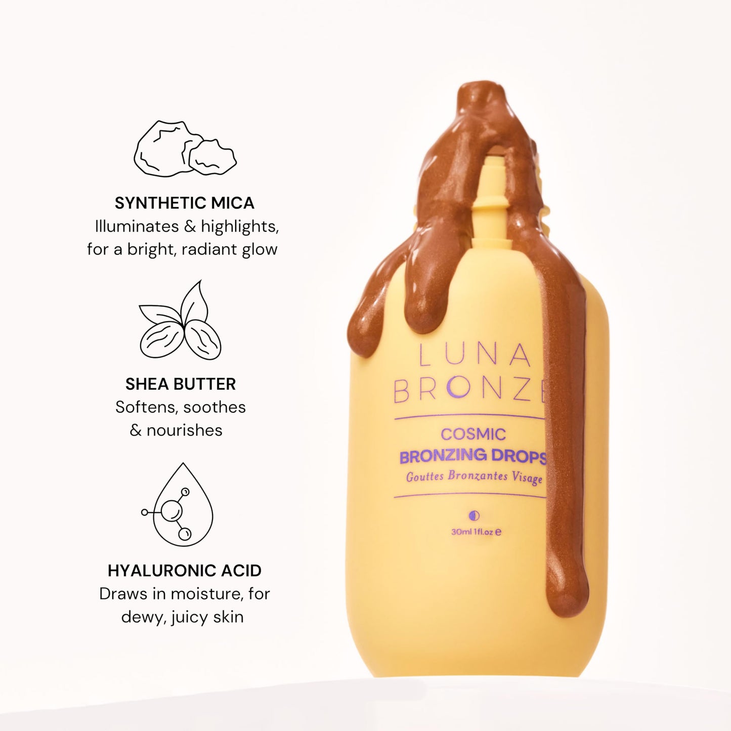 Luna Bronze Cosmic Bronzing Drops | Liquid Bronzer and Illuminator for Face and Body | Hydrating, Washable, Non-Greasy with Hyaluronic Acid and Shea Butter | Vegan, Cruelty Free (30ml/1.01 fl. oz)