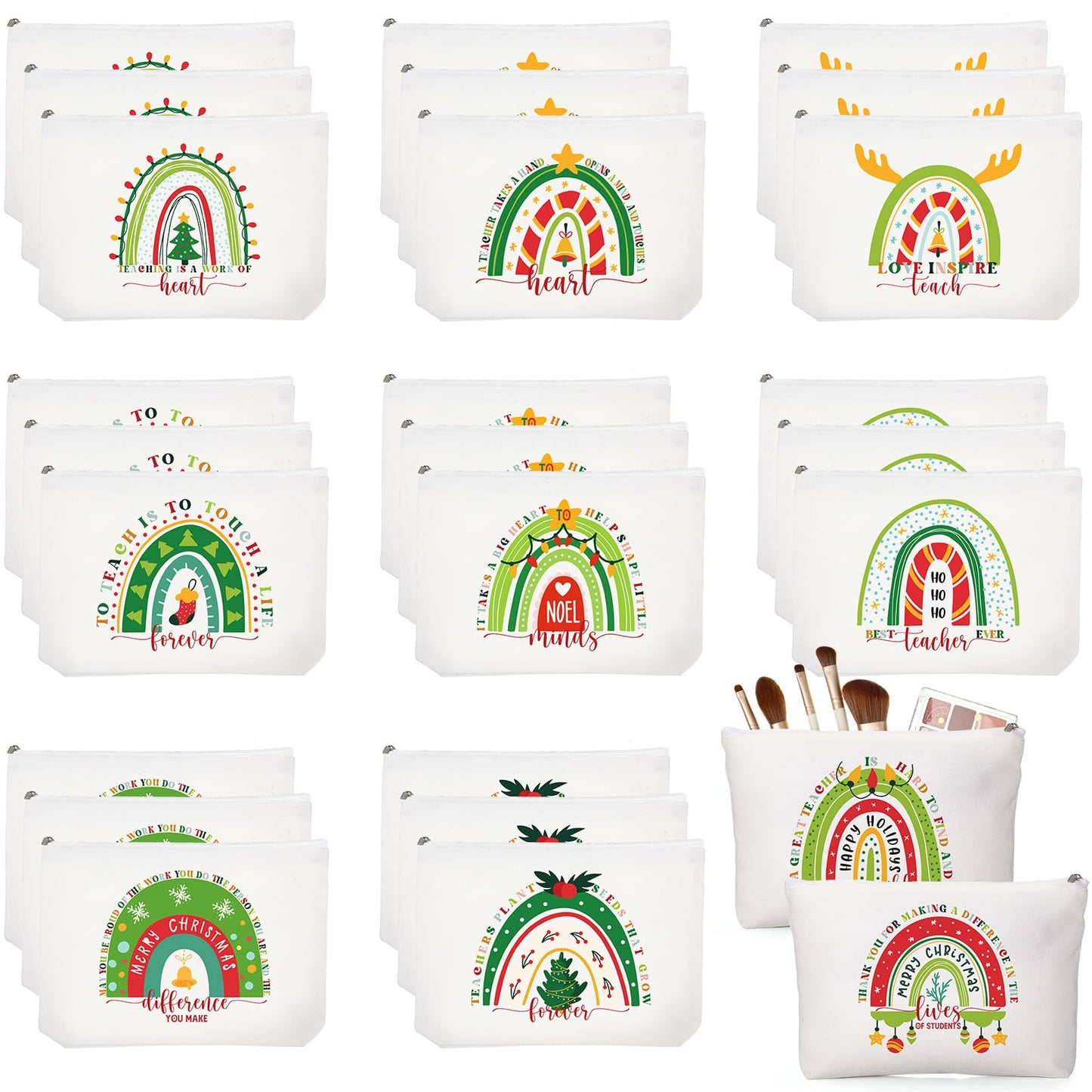 Coume 30 Pcs Teacher Appreciation Gifts Bulk for Women Inspirational Rainbow Canvas Makeup Bags Thank You Cosmetic Bags for End of Year Teacher Employee Coworker Gifts, 10 Styles(Joyous)