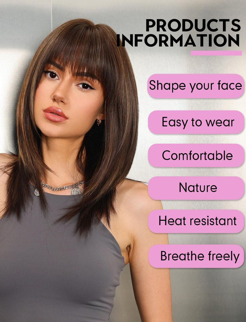 Getshow Dark Brown Wigs for Women layered Straight Wig with Bangs Natural Synthetic Hair
