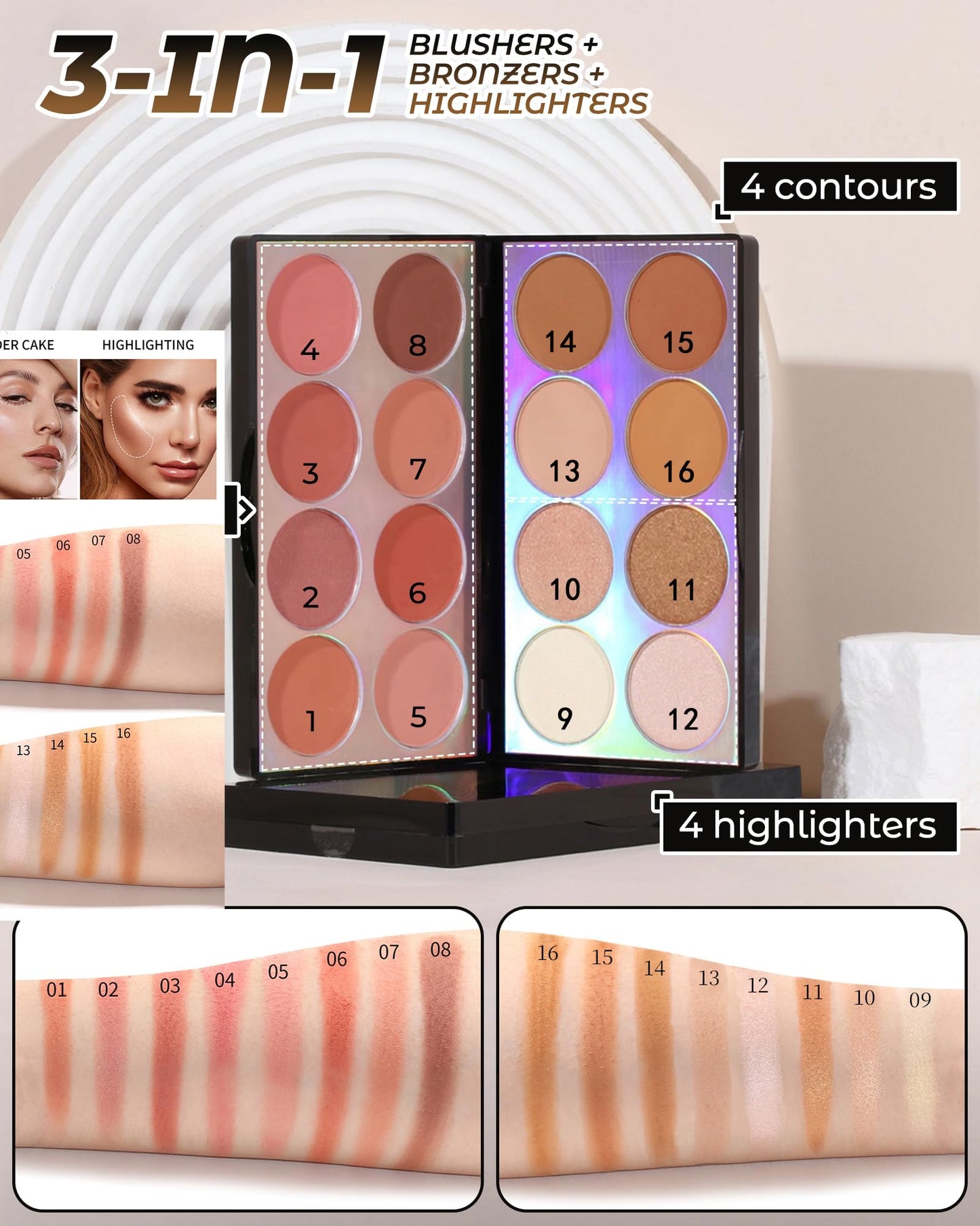 Berinist 16 Colors Contour Palette，Blush Highlighter Bronzer Powder All in one Makeup Palettes，Blendable Matte Shimmer Illuminator Palette for Sculpting the Face and Create a Glowing Look Makeup