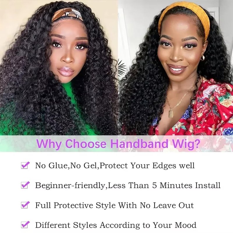 Maytune Curly Headband Wig Human Hair 12 Inch Water Wave Headband Wigs for Black Women Glueless Brazilian Virgin Deep Wave Human Hair Headband Wig Natural Color