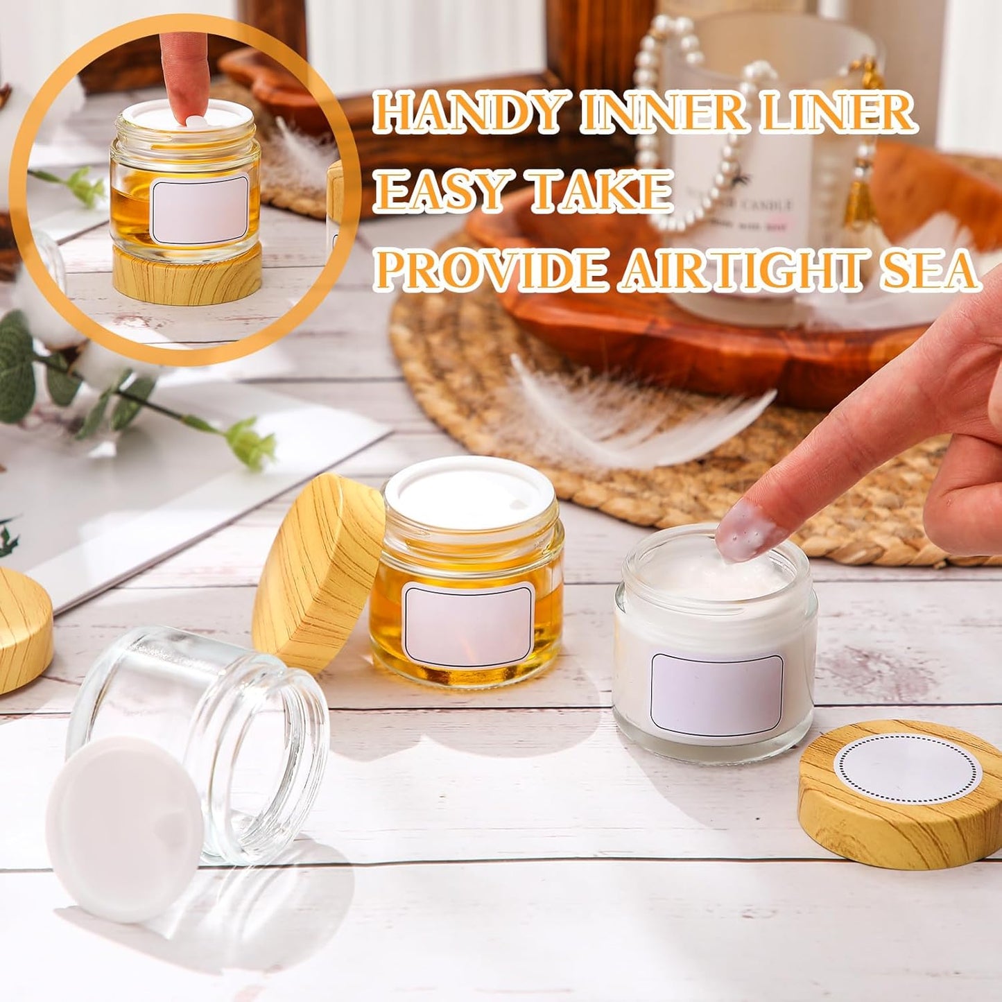 Clear Glass Jars - 36 Pcs 2oz/60ml Airtight Cosmetic Containers with Woodgrain Lids | Perfect for Creams, Lotions, DIY Projects