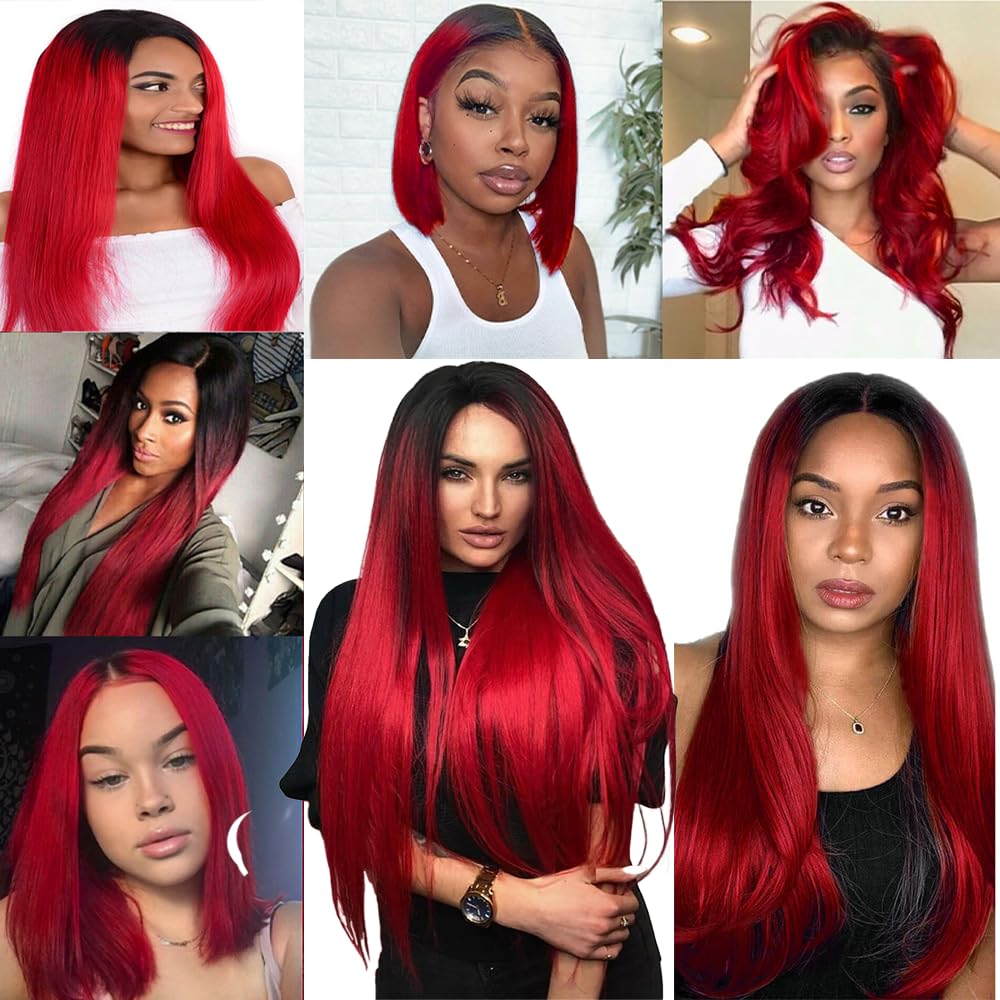 Yuksoocosh Ombre 1B/Red Straight Human Hair Bundles Two Tone Black and Fire Red 10 12 14 inch Double Weft Brazilian Hair Extensions Silky Soft for Black Women