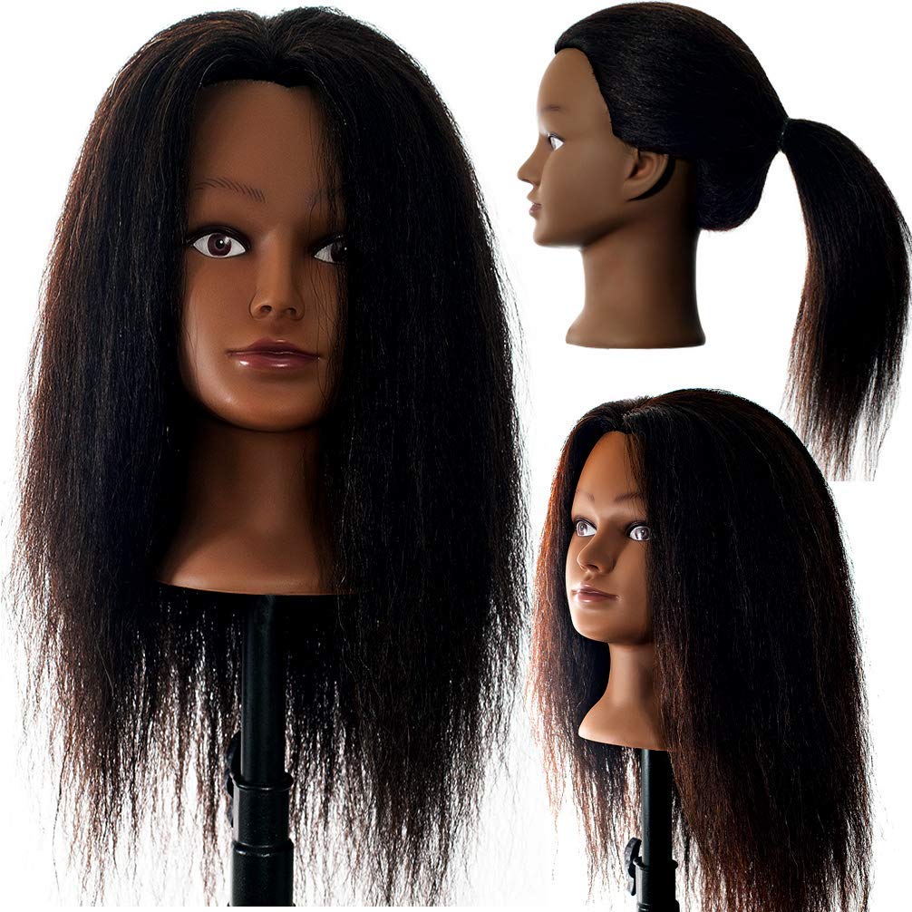 Real Hair Mannequin Head - 22"-24" Afro Fluffy Light Yaki Kinky Straight for Cosmetology | Black (#2)