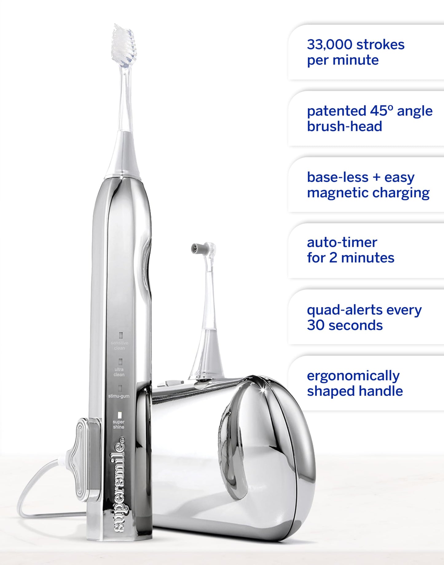 Supersmile Zina45 Deluxe Sonic Pulse Toothbrush, Silver, Rechargeable