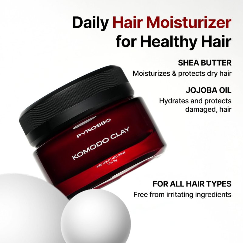 Pyrosso Komodo Clay Strong Hold Matte Finish Hair Clay for Men | Long-Lasting Texture & Volume | Water-Based | No Residue | 1.7oz