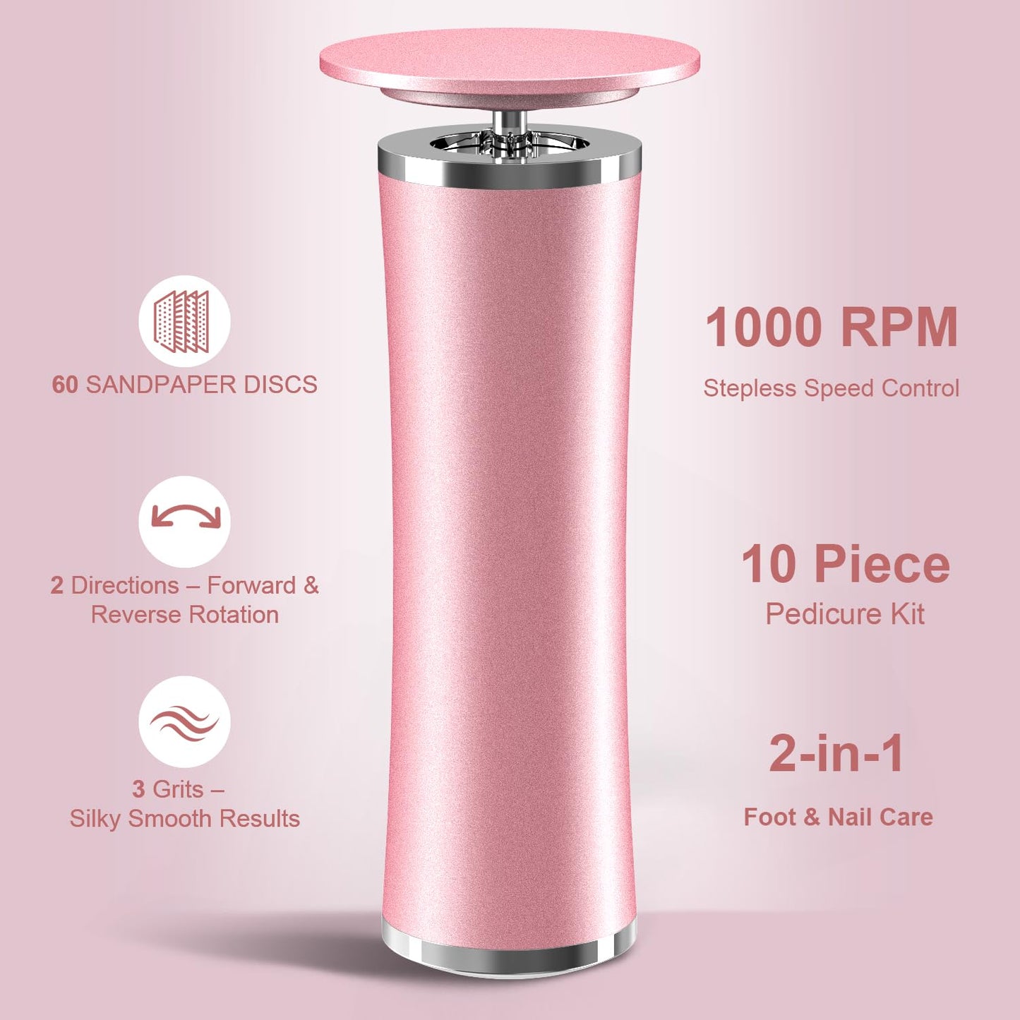 10-in-1 Electric Foot Callus Remover, Adjustable Speed Electric Callus Remover for Feet with 60 Sanding Pads, Foot Callus Remover, Heel Scraper for Cracked Heels (Rose Pink)