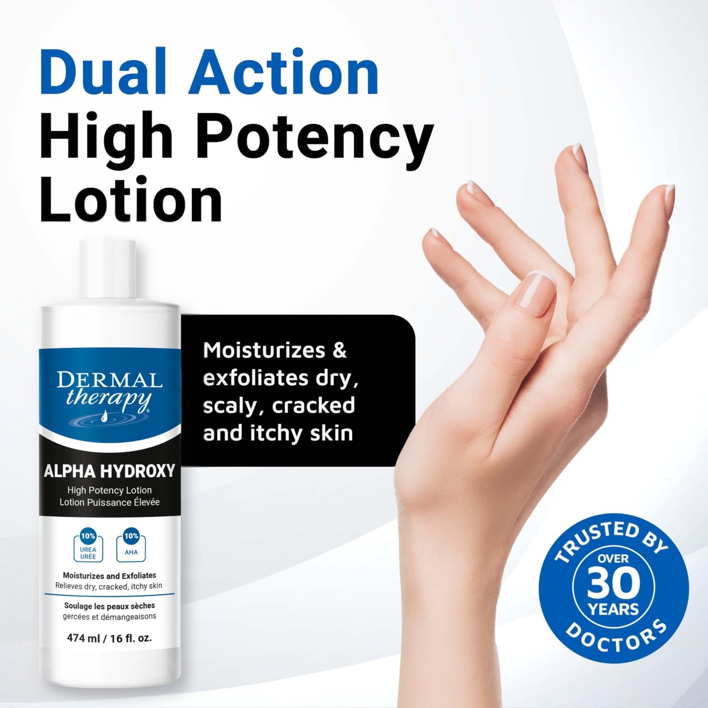 Dermal Therapy Alpha Hydroxy Lotion – 10% Urea + 10% Lactic Acid, Fragrance-Free Body Lotion for Dry, Cracked Skin, Non-Greasy Exfoliating Moisturizer & Keratosis Pilaris Treatment, 16 fl oz (474 ml)