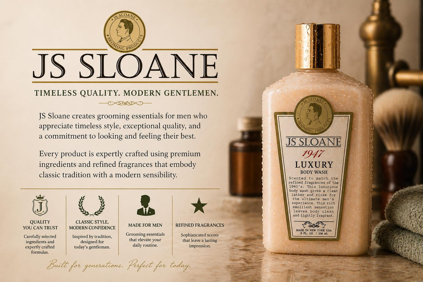 JS Sloane 1947 Luxury Body Wash for Men – Hydrating & Moisturizing Cleanser, Creamy Lather, Fresh Classic Scent, Deep Cleansing Formula, Leaves Skin Soft & Refreshed – 8 fl oz