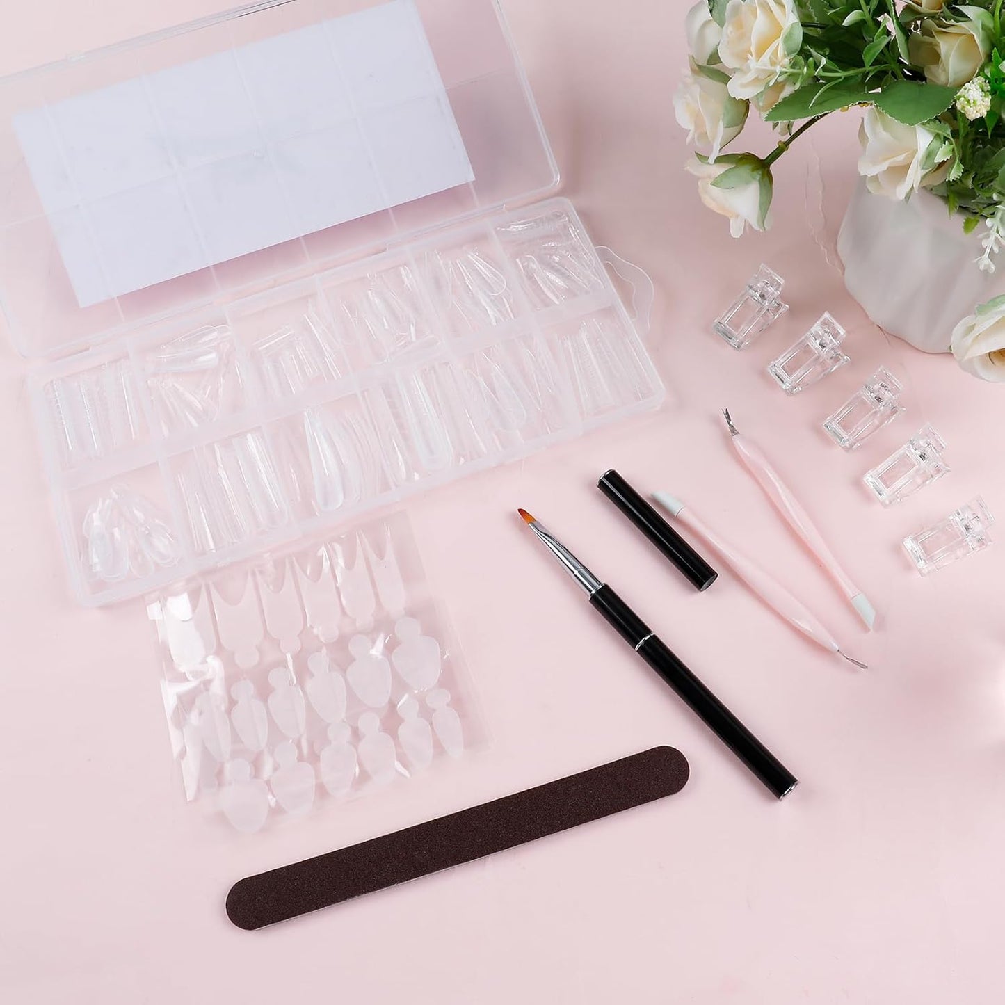 Nail Dual Forms for Poly Gel - 12 Styles & Sizes, 144Pcs Full Cover Nail Tips | Complete Extension Kit with Clips, Brush & Files