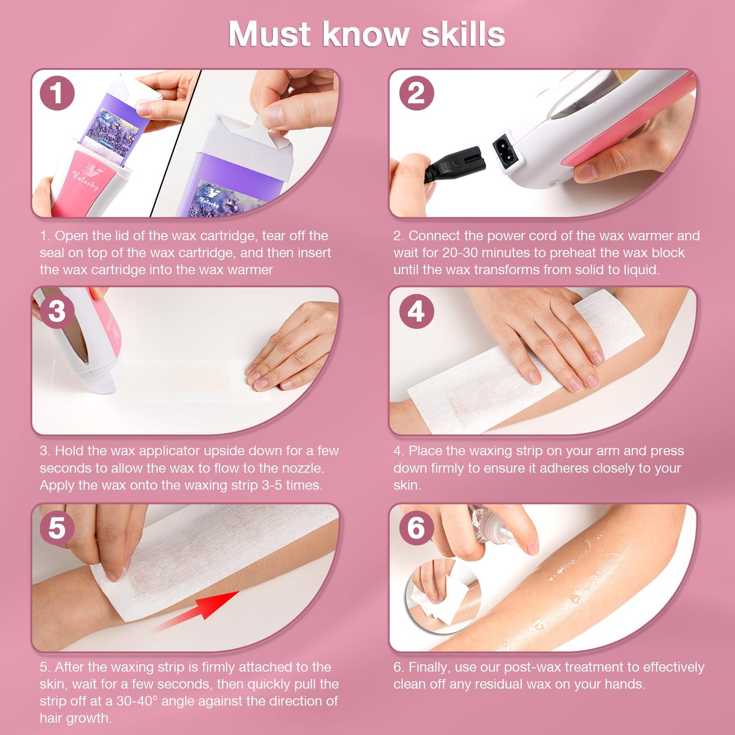 Vuteehy Roll on Wax Kit, Roll on Waxing Kit for Women, Waxing Kit at Home, Wax Roller Kit for All Skin Types Body Hair Removal, Sensitive Skin, Unisex, with 2 Soft Cartridges & 50 Pcs Strips