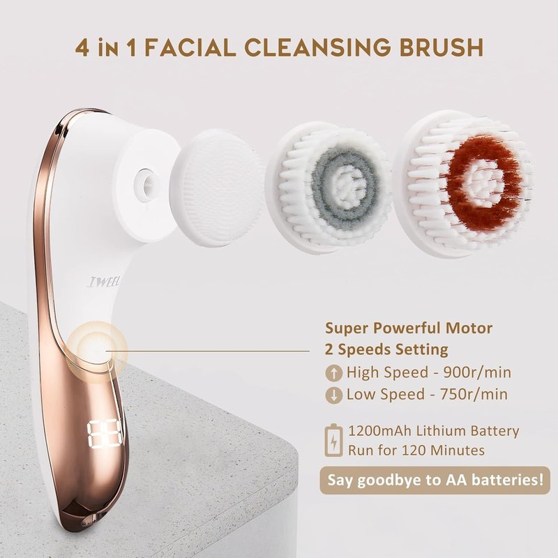 Electric Face Brush Scrubber - Rechargeable IPX-7 Waterproof Exfoliator | 4 Brush Heads for Deep Cleansing & Massaging