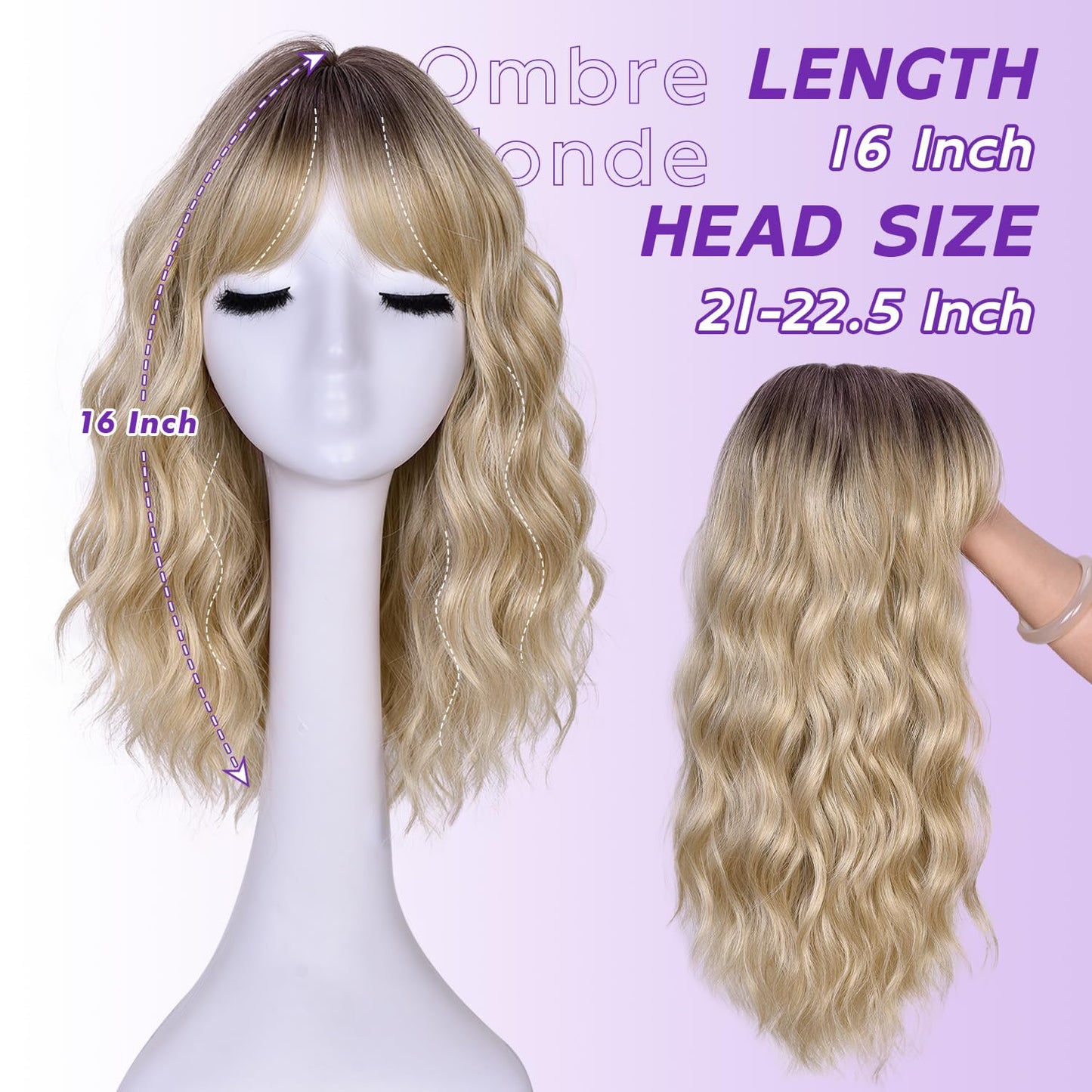 Short Wavy Wig with Bangs for Women Curly Wigs Natural Wavy Synthetic Wigs for Daily Party Cosplay (Ombre Blonde)