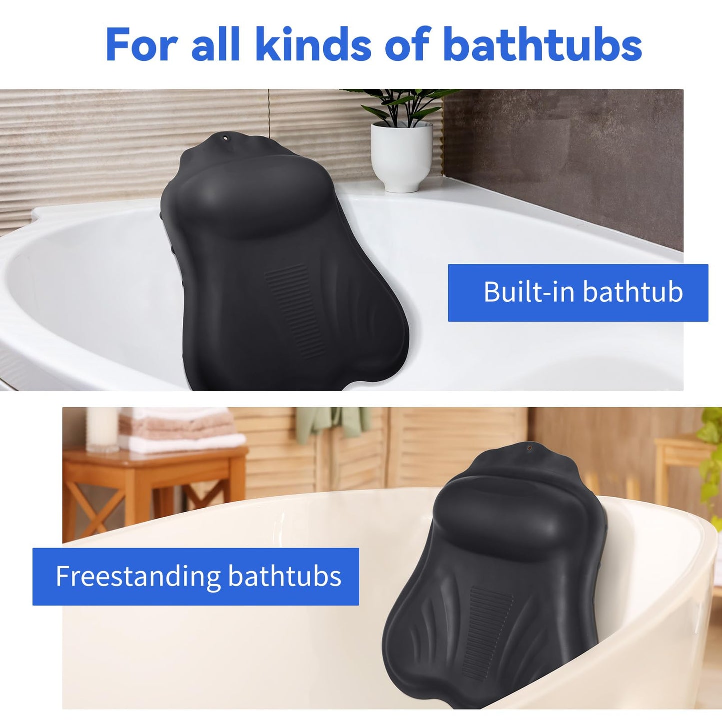 Goowin Bath Pillows for Tub, New Generation Skin-Friendly Silicone Bath Pillow, Luxury Bathtub Pillow for Head and Neck, Powerful Suction Tub Pillow for Bathtub with Inflatable Airbag (Black)