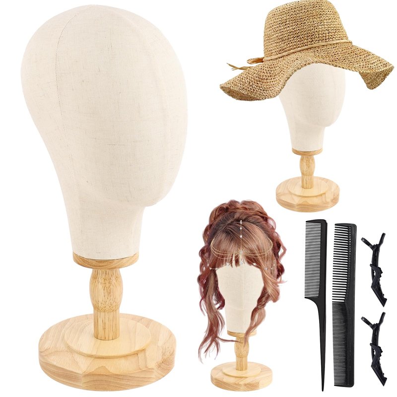 Beauty Star Wig Stand, 22inch Mannequin Head for Wigs with Detachable Strong Wood Base, Canvas Block Wig Head Holder Rack Ideal for Hair Styling, Display Hats, Wig Making, Headdress