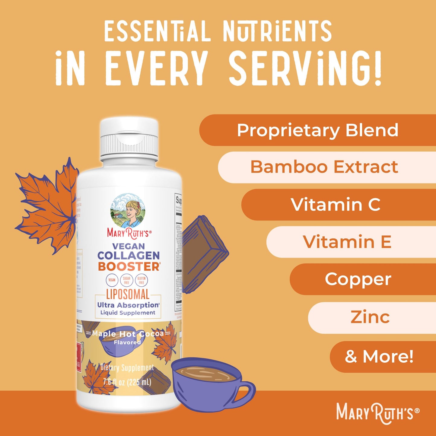 MaryRuth's Vegan Collagen Booster Liposomal | Sugar Free | Liquid Collagen Booster with Vitamin C | 250mg Amino Acids | Skin Care & Joint Support Supplement | Vegan | Non-GMO | Gluten Free | 7.6 Fl Oz