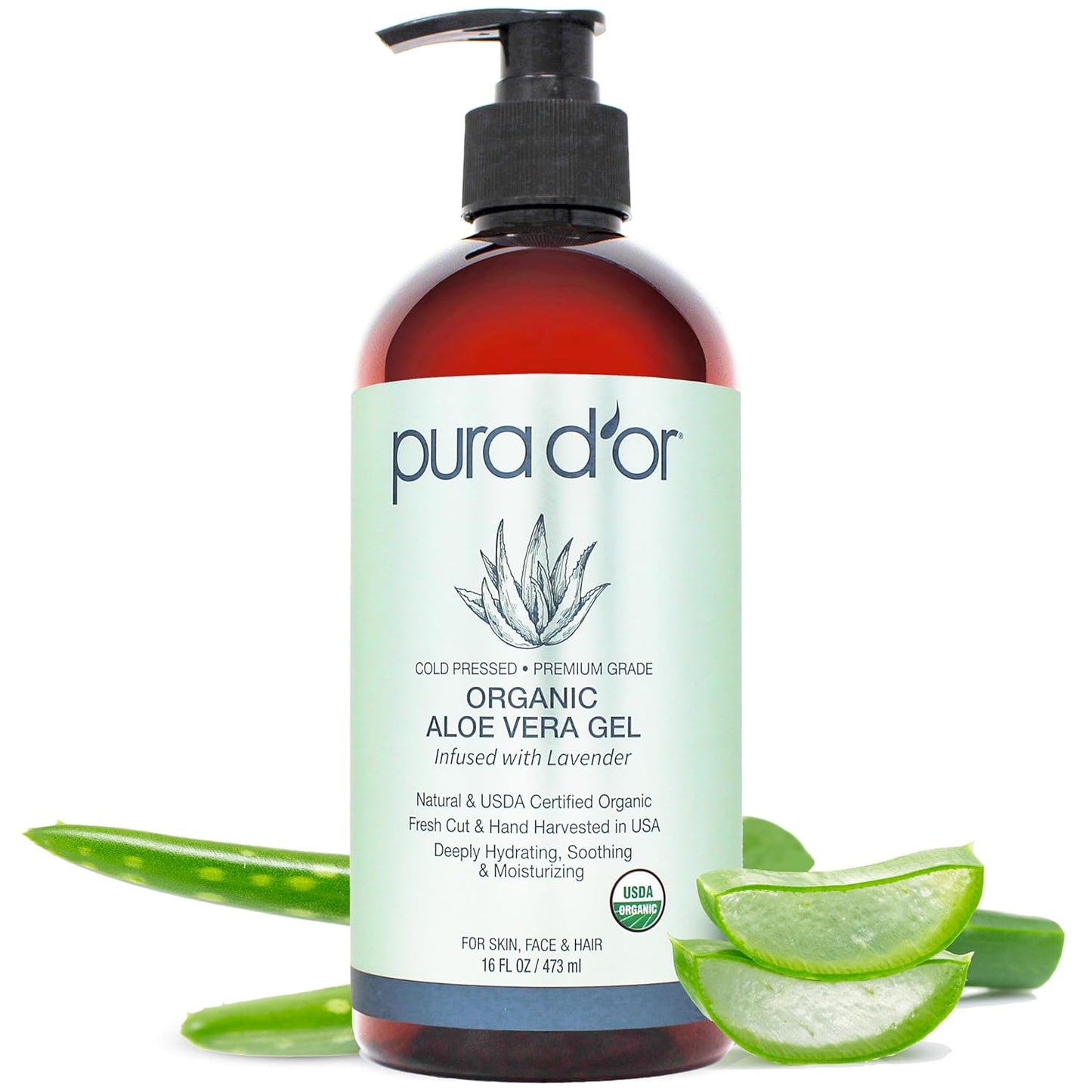 PURA D'OR Organic Aloe Vera Gel - Lavender Hydration for Skin & Hair | 16 Oz - All Natural, No Preservatives