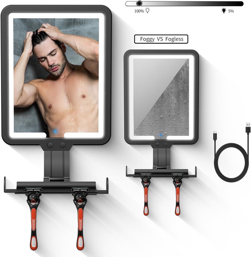 Fogless Shower Mirror for Shaving - LED Light, Dimmable Brightness | Strong Adhesive Backing, 3-Color Options