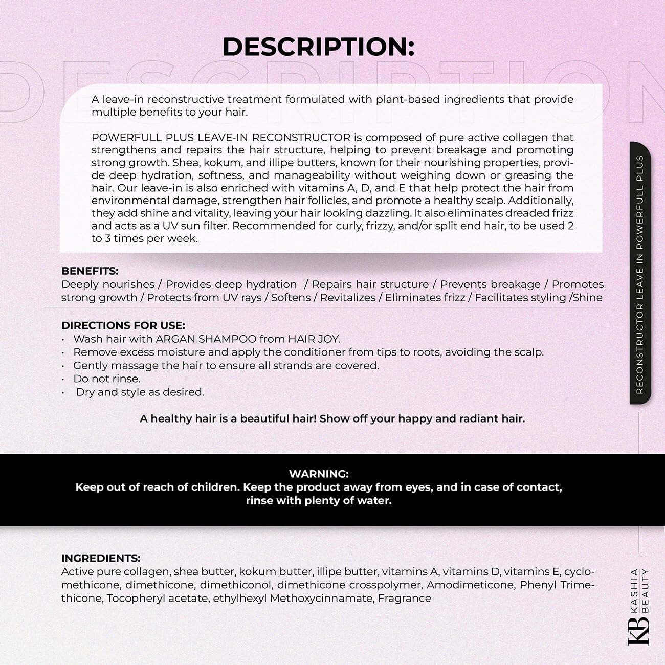 Kashia Beauty Reconstructor Leave-In Powerfull Plus 10.1 oz – Plant-Based Collagen Hair Treatment – Anti-Frizz UV Protection – Deep Hydration with Shea Kokum & Illipe Butters