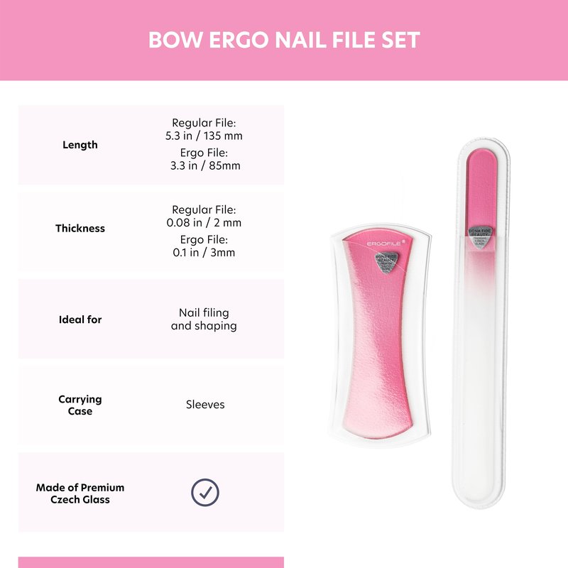 Glass Nail File Set by Bona Fide Beauty - Ergo File - Premium Nail Care Tools Genuine Czech Glass (Pink Bow)
