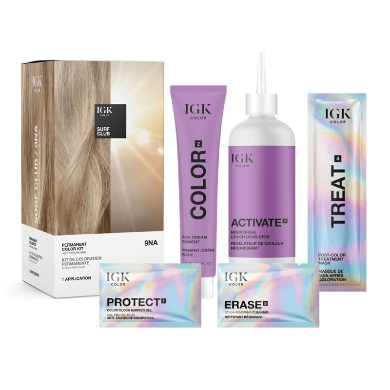 IGK Permanent Hair Dye Color Kit - 9NA Surf Club Light Cool Blonde | 100% Gray Coverage, Ammonia-Free, Shine Boosting